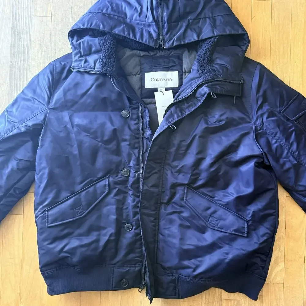 $228 Calvin Klein Oversized Hooded Water Resistant Puffer Bomber Jacket Navy 2XL
